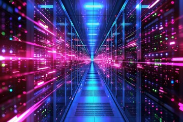 Abstract 3d render of a data center corridor illuminated by vivid neon lights
