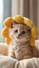 Cute kitten wearing a cute plush sunflower shaped hat and sitting on a blanket