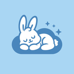Cute little bunny sleeps on a cloud. lullaby. Logo, icon, symbol, isolated object. Blue