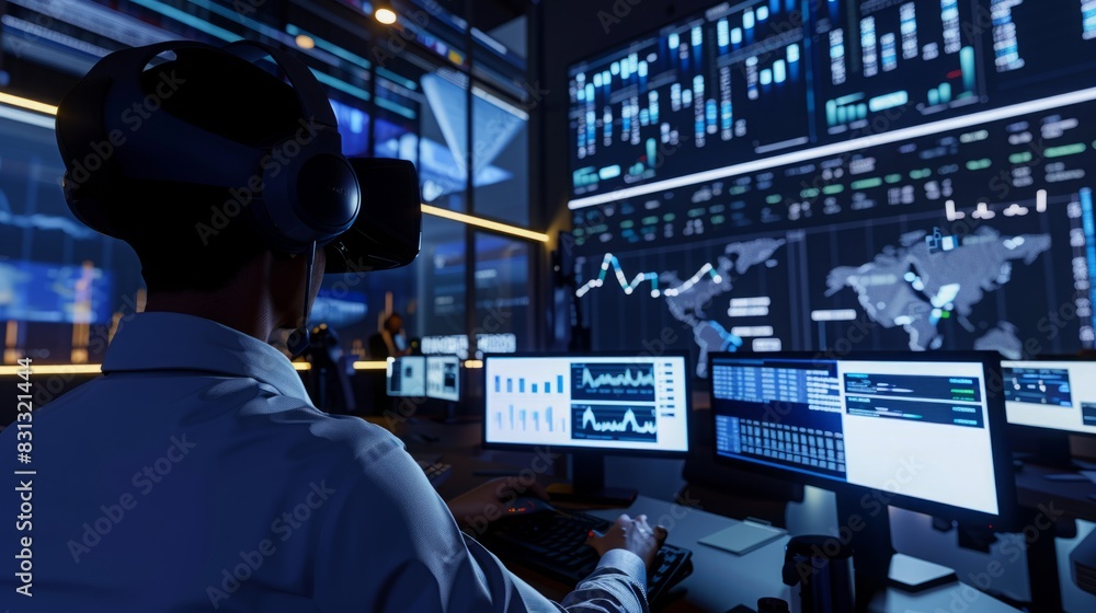 Poster a man is seated at a desk, working on a computer with three monitors in front of him.