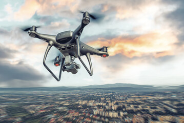 Dark drone in flight over the city.