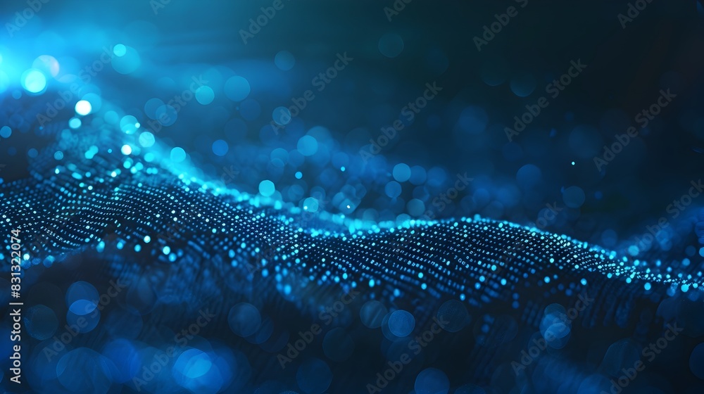 Poster mesmerizing digital particles forming undulating waves in glowing futuristic backdrop