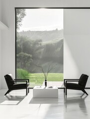 modern room with white walls with black furniture with the background of a big window and view of nature