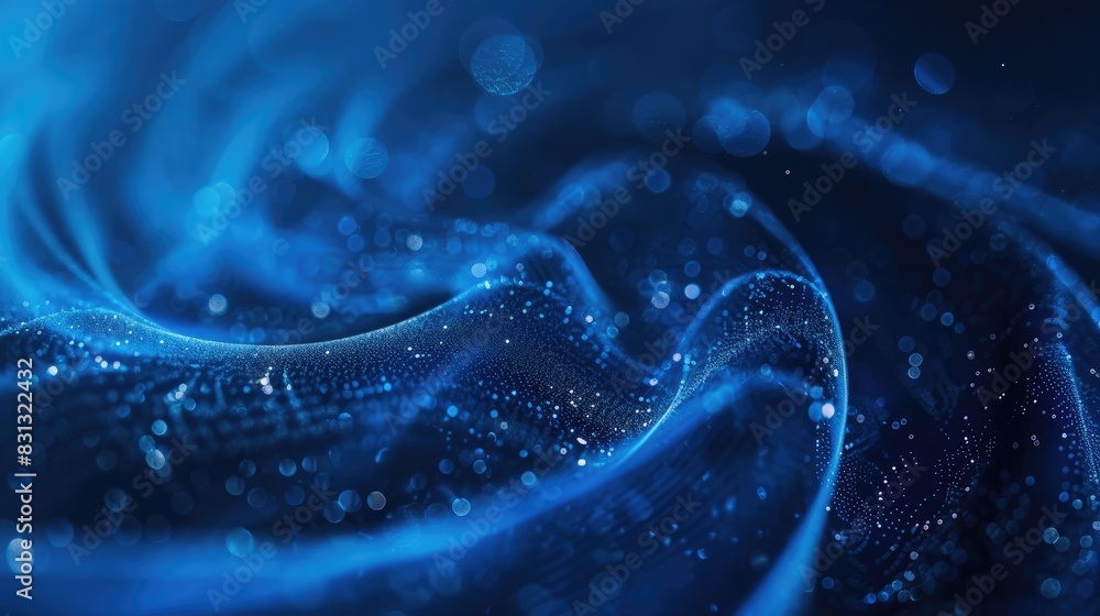 Poster hi-tech blue abstract background with swirling particle curves, creating a modern and innovative vis