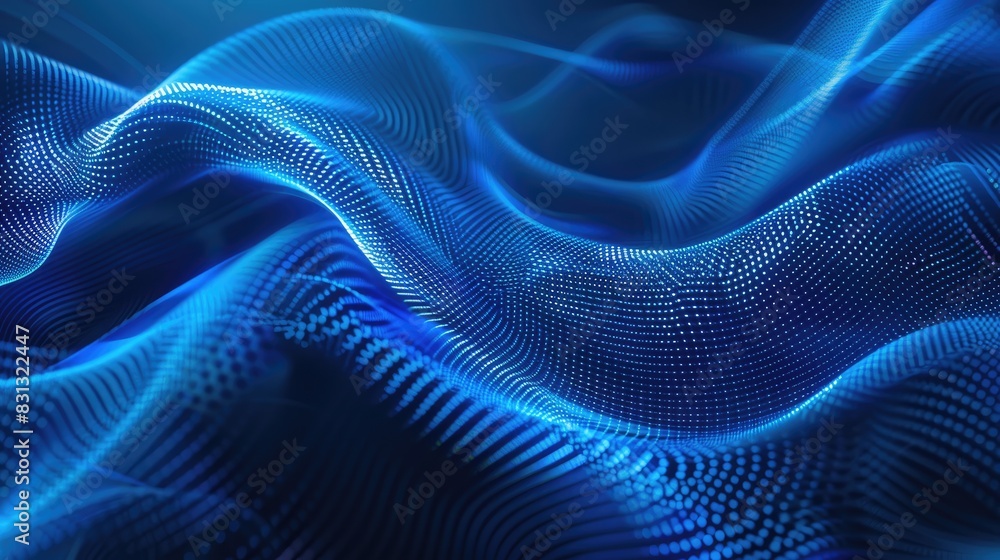 Poster hi-tech blue abstract background with swirling particle curves, creating a modern and innovative vis