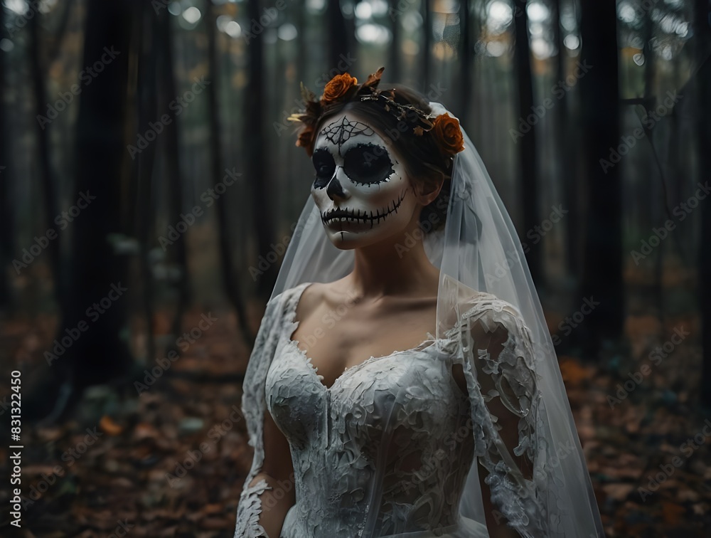 Wall mural The bride of death. Woman wearing Halloween costume in the forest. Generative AI