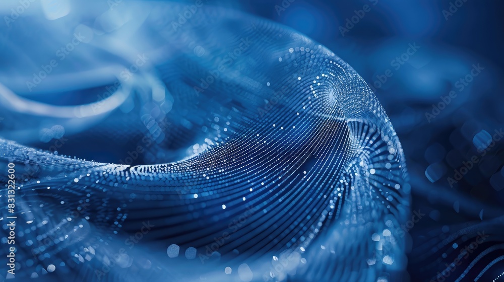 Poster hi-tech blue abstract background with swirling particle curves, creating a modern and innovative vis