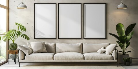 3 empty vertical frames mockup on the wall, minimalistic interior design of a modern living room with a sofa and decorative plants