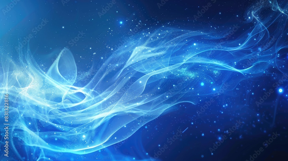 Poster hi-tech blue abstract background with flowing particle curves, creating a futuristic and innovative 
