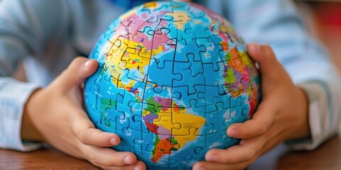 A globe with colorful puzzle pieces representing different cultures, being put together by young hands.