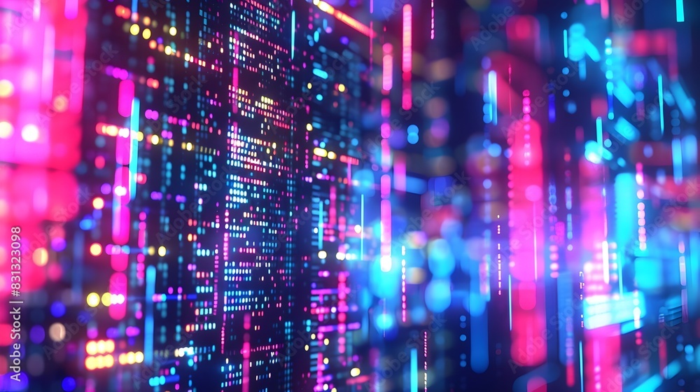 Poster mesmerizing cybernetic matrix of luminous digital fractals and flowing geometric patterns