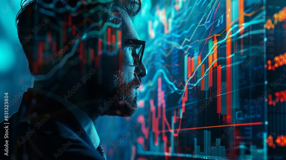 Poster a man sitting in front of a screen filled with a plethora of data, concentrating on analyzing and pr