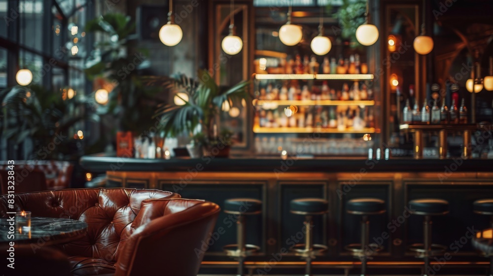 Poster a stylish bar with warm lighting and plush seating creates an inviting atmosphere for evening patron