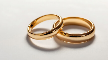 A close-up macro shot of two golden rings in a white isolated background with copy space
