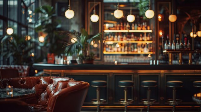 A stylish bar with warm lighting and plush seating creates an inviting atmosphere for evening patrons. Well-stocked shelves and green plants add to the relaxing, sophisticated vibe.