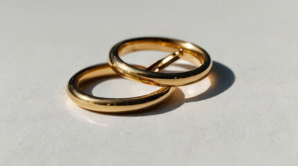 A close-up macro shot of two golden rings in a white isolated background with copy space
