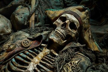 Obraz premium Eerie vintage scene, pirate skeleton amidst treasures in a dark and spooky atmosphere, perfect for halloween costume with bone hat and gold