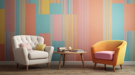 An Interior image of a pastel multi color vibrant groovy retro striped background wall frame with bright armchair decor with copy space, background

