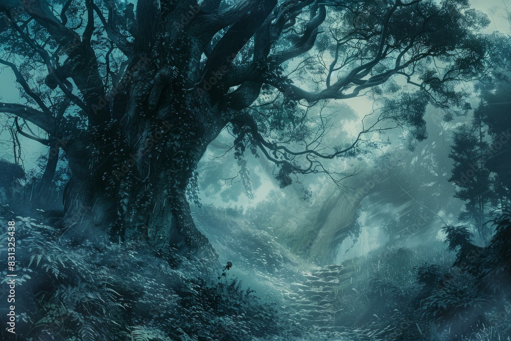Poster mystic twilight scenery with an ancient tree and a foggy forest path