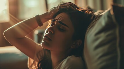 A woman is laying on a couch with her head in her hands. She is in a state of distress or sadness