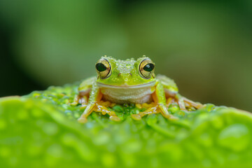Obraz premium Close-up photo of a wet, green frog with glistening water droplets on it