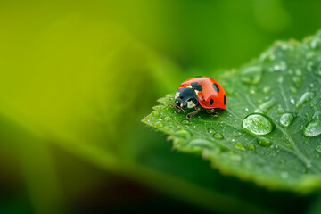 Fototapeta premium A brightly colored ladybug is captured on a vibrant green leaf with scattered water droplets, highlighting its vivid red shell