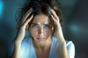 Obraz premium Intense portrait of a young woman with hands on her forehead, signaling deep concern or headache