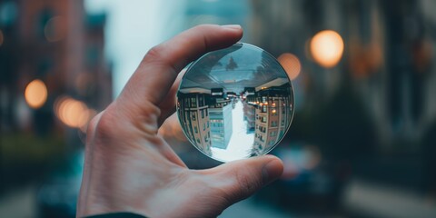 Upside-down reflection of a city street in a crystal ball held by a hand