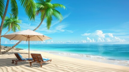 A beautiful beach background for a summer trip. Bright sun, palm tree and beach chairs on the sand against a beautiful blue sea and blue sky.