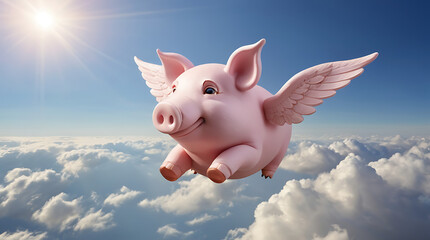 A portrait of a pink flying pig with angel like wings above clouds in the blue dreamy sky with copy space
