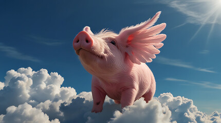 A portrait of a pink flying pig with angel like wings above clouds in the blue dreamy sky with copy space
