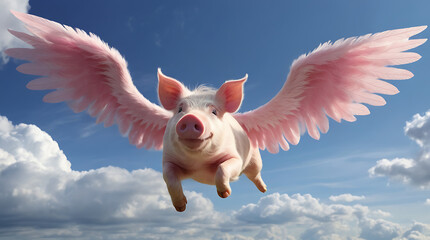 A portrait of a pink flying pig with angel like wings above clouds in the blue dreamy sky with copy space
