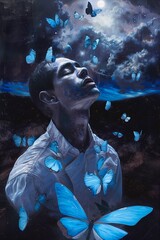 A person visualizes blue morpho butterflies flying in and out of their chest, symbolizing emotional states under a full moon, representing calm and inner peace.