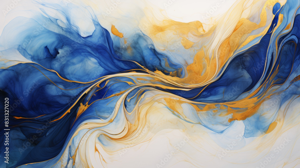 Poster Abstract fluid art with swirling blue and gold patterns, creating a dynamic and elegant visual effect.