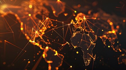 Abstract Global Network with Glowing Connections on Dark World Map