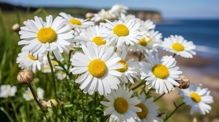 Fototapeta premium Tranquil spring and summer landscape with blooming daisy field in picturesque hilly countryside