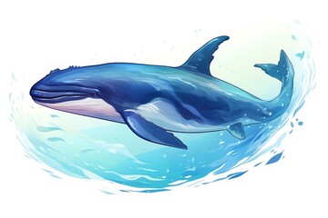 A beautiful watercolor painting of a blue whale swimming in the ocean. The whale is surrounded by a splash of water.