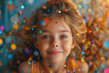 Young red haired girl with green eyes is covered in colorful confetti. Girl is smiling and looking at front. Concept of joy and celebration, girl in the middle of festive event. Children's Day concept