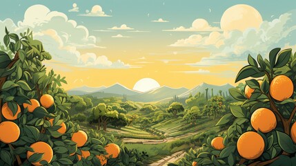 A beautiful landscape of an orange grove on a sunny day