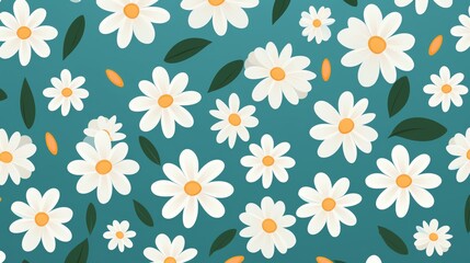 Obraz premium Create a seamless pattern with a light blue background and white flowers with yellow centers. The flowers should be evenly spaced and there should be green leaves in between them.