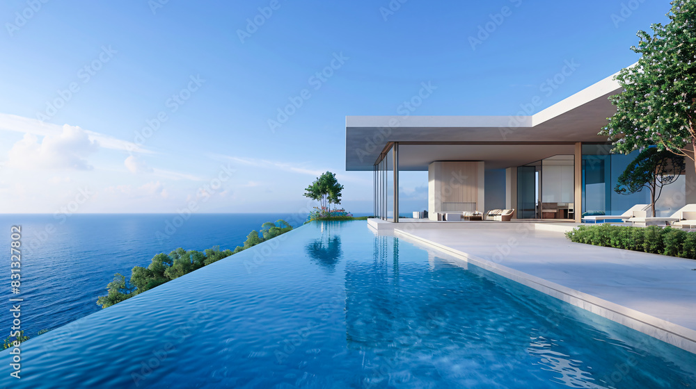 Poster modern house with ocean-view pool. generative by ai