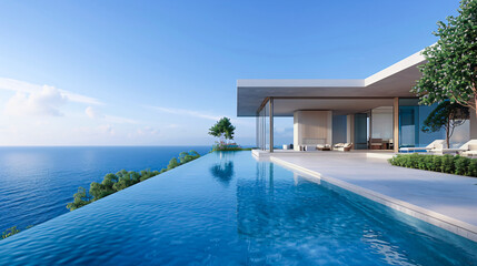 Fototapeta premium Modern house with ocean-view pool. Generative by AI