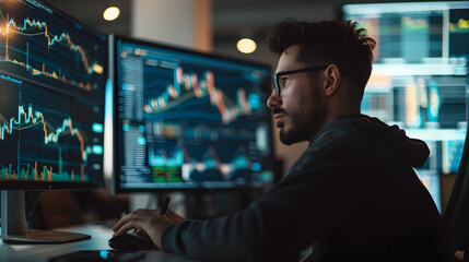 A man is looking at a computer screen with multiple graphs and numbers