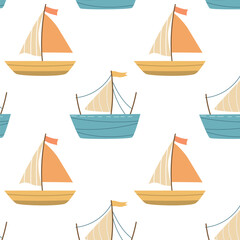 Seamless pattern with sailing boats, sea background, cute sea pattern for fabric, baby clothes, backdrop, textile, wrapping paper and other decorations
