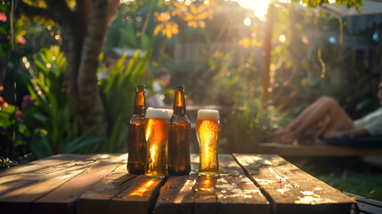 Drinking beers at sunset in garden. Generative by AI