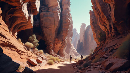 Within the Echoing Canyons, creatures with elongated limbs and serrated teeth blend with the rocky cliffs, their silent movements echoing through the labyrinthine passages, Generative AI