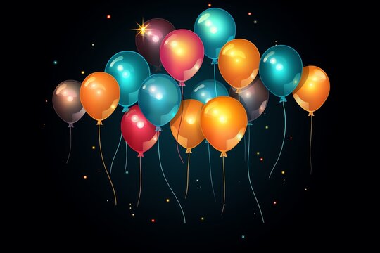 Create a realistic illustration of a bunch of variously-colored balloons floating upwards against a dark blue background