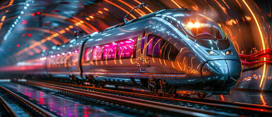 Fototapeta premium Futuristic High-Speed Train: Sleek and Modern Design in a Vibrant, Neon-Lit Station Showcasing Advanced Transportation Technology and Urban Innovation Wallpaper Digital Art Poster Brainstorming 