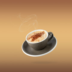 Black cup hot espresso coffee and beans flying isolated on textured gradient brown background