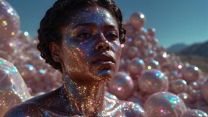 A woman with shimmering glitter makeup stands against a backdrop of iridescent spheres under a clear sky, creating a surreal, sparkling effect that highlights her facial features and glowing skin.
